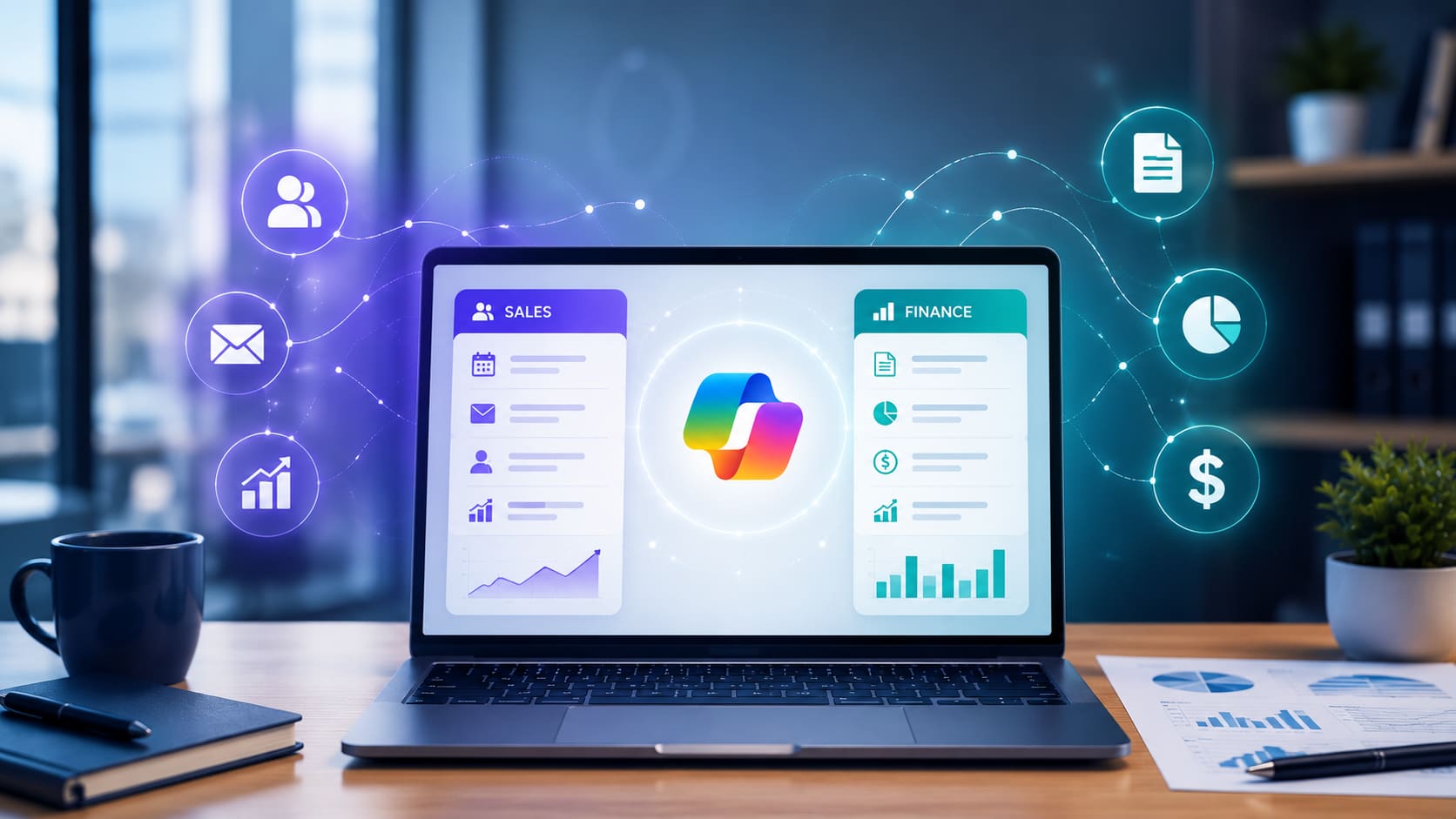 Microsoft Copilot connecting Sales and Finance dashboards on a laptop