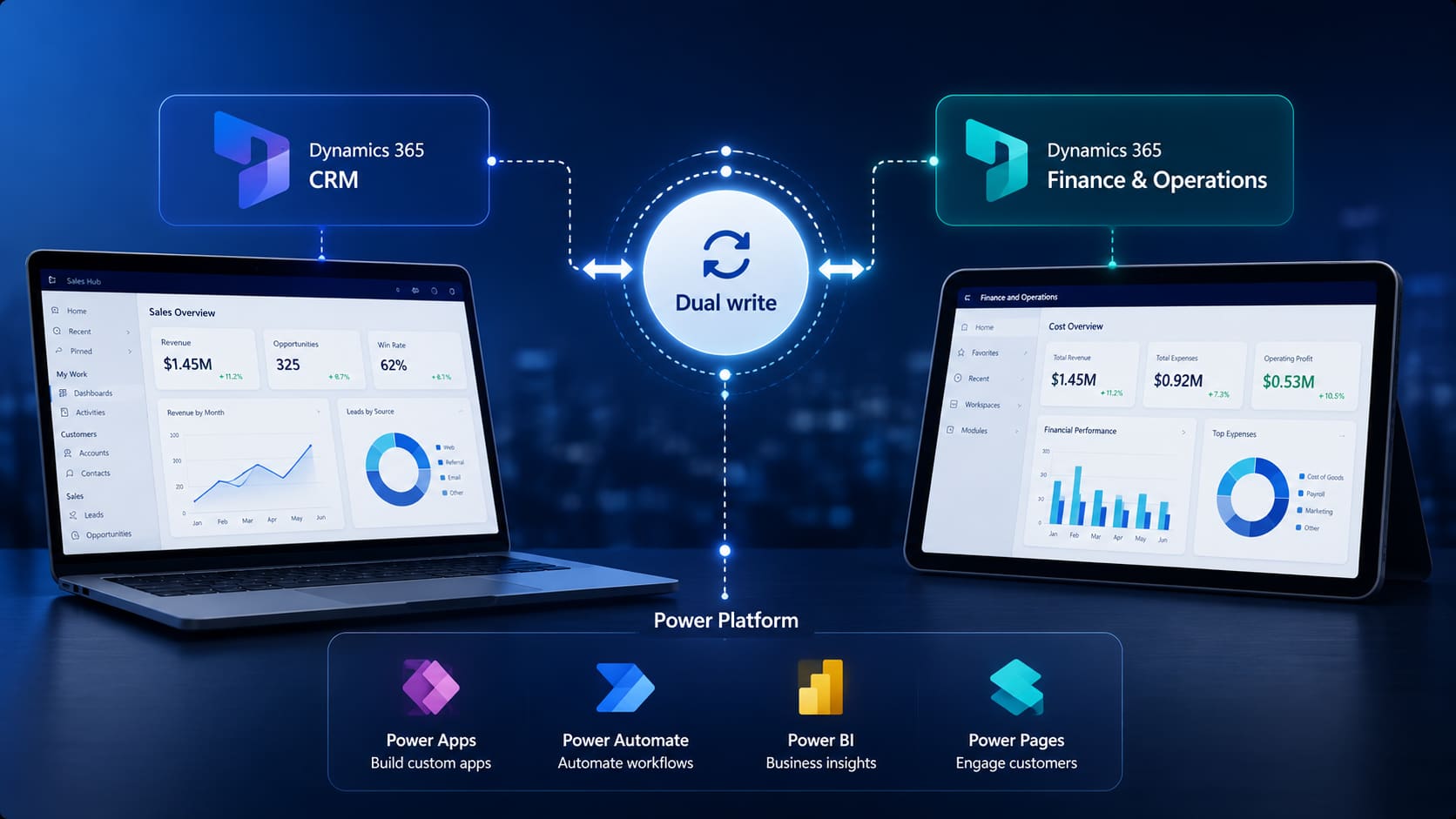 Diagram of Dataverse Dual-Write synchronising Dynamics 365 CRM and Finance & Operations