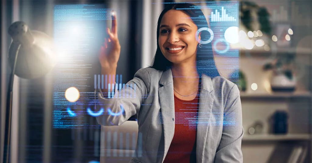 A business analyst reviewing AI-generated insights on a data dashboard