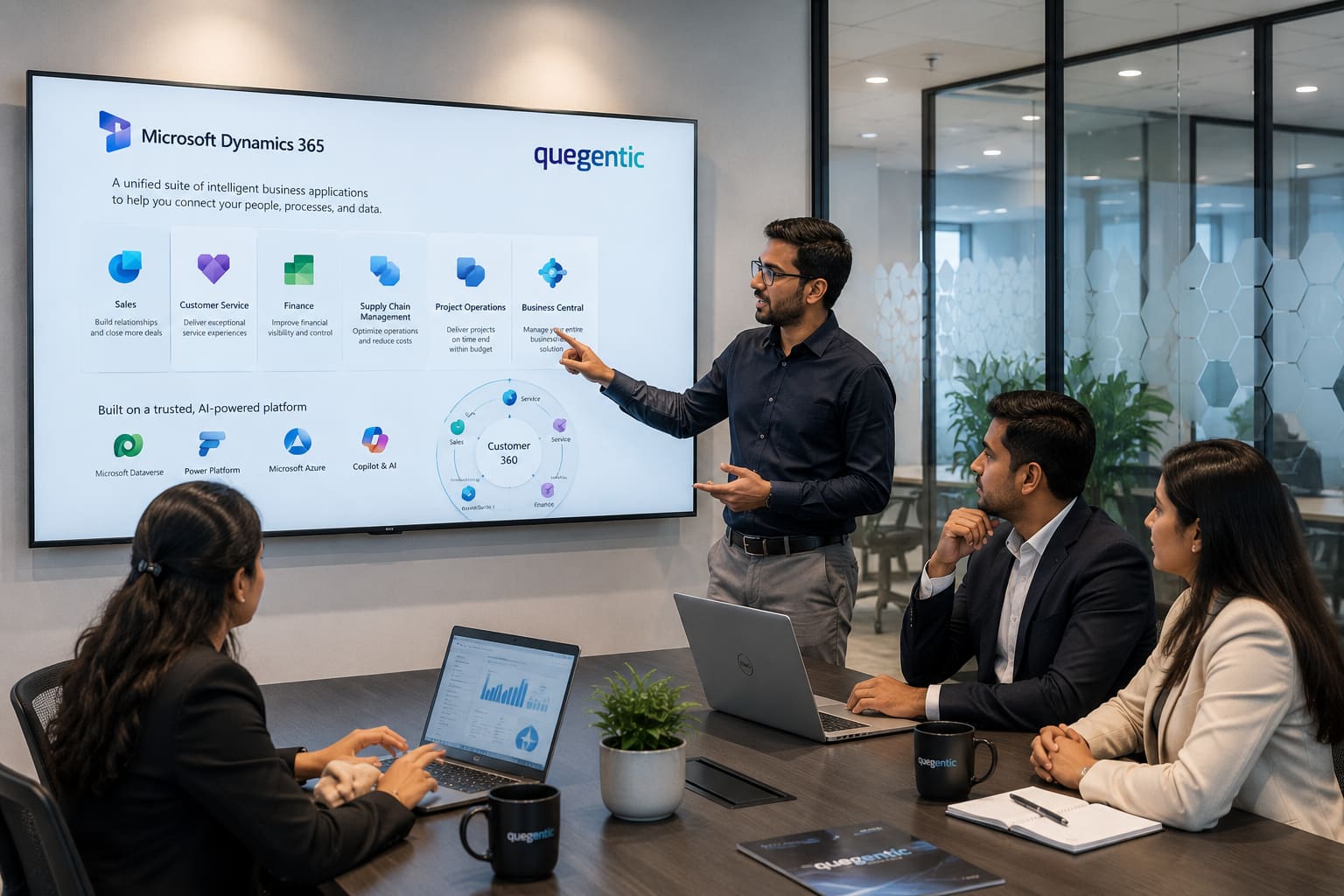 The Quegentic team presenting a Dynamics 365 solution to clients
